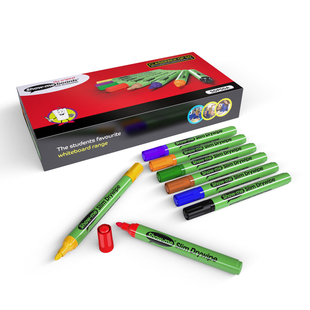 Show-me Assorted Colours Slim Barrel Drywipe Pens, Medium Tip