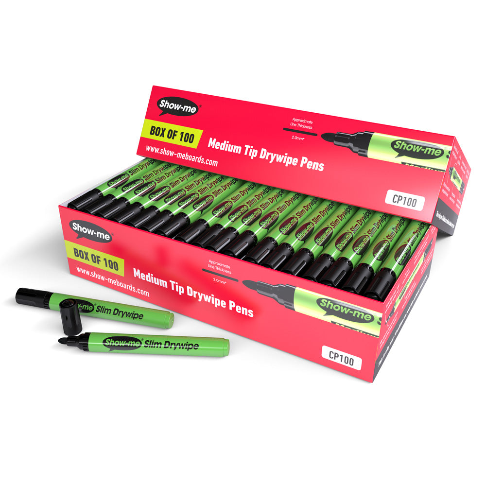 Show-me Black Slim Barrel Drywipe Pens, Medium Tip
