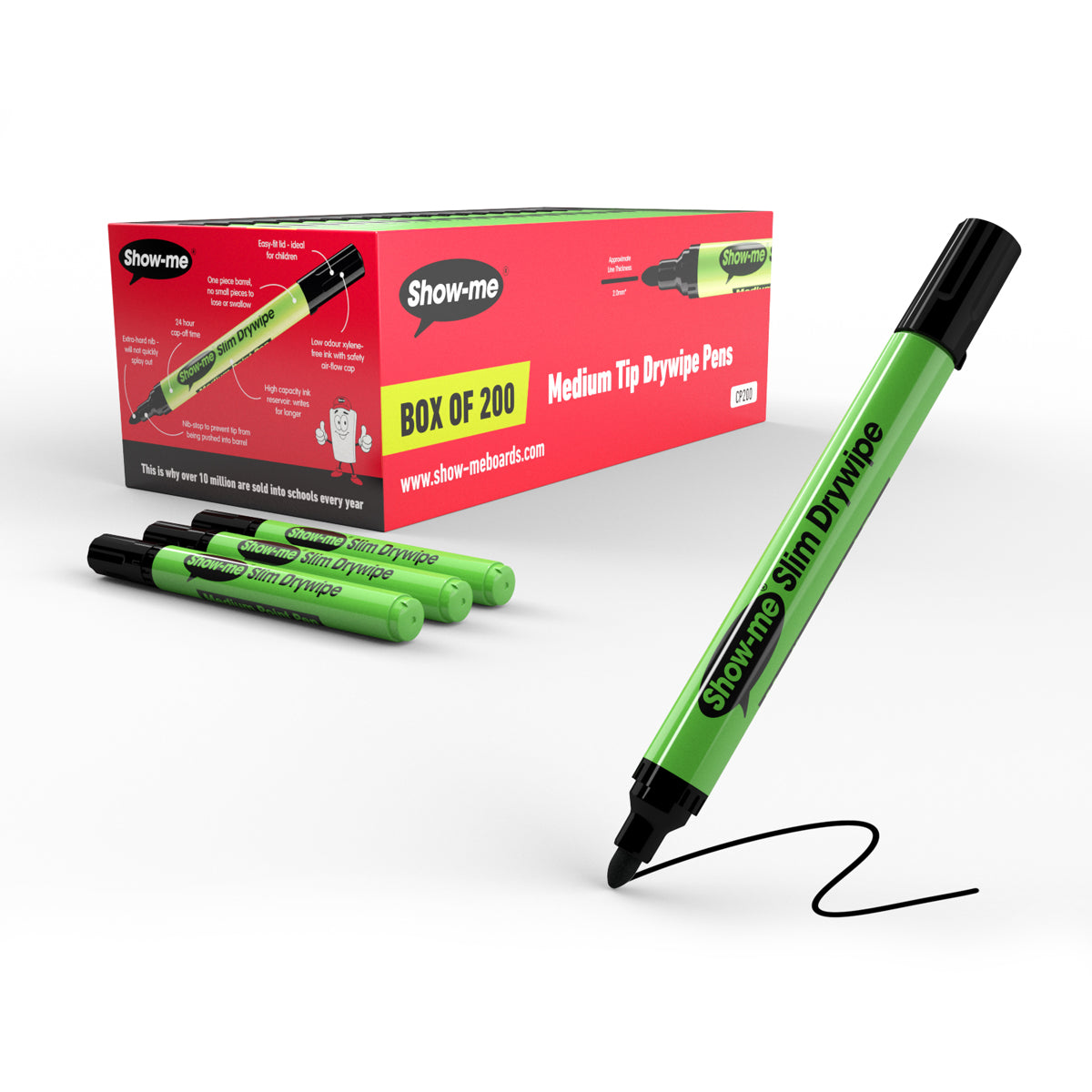 Show-me Black Slim Barrel Drywipe Pens, Medium Tip