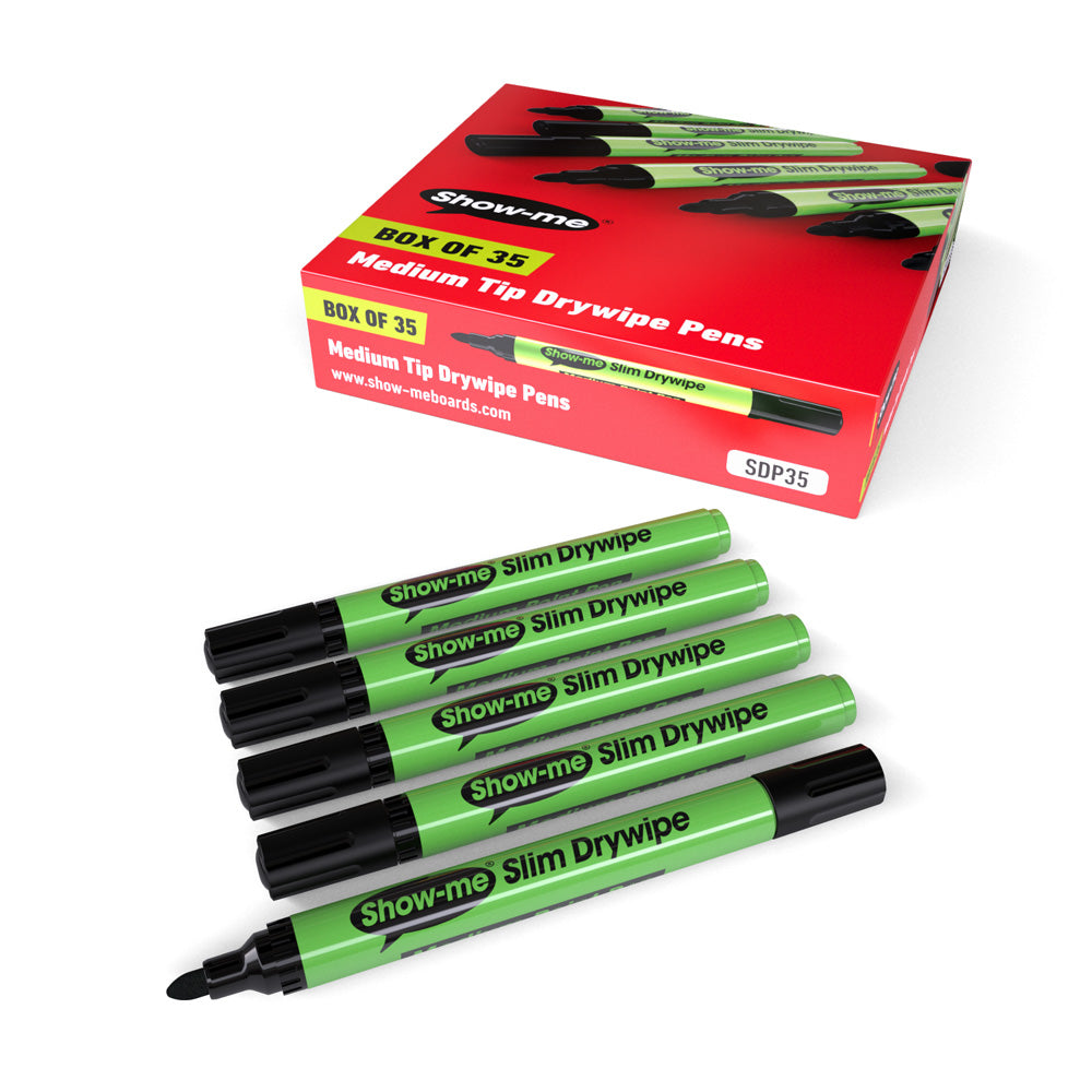 Show-me Black Slim Barrel Drywipe Pens, Medium Tip