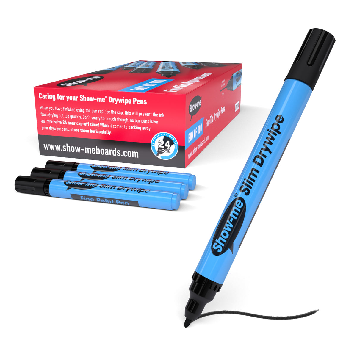 Show-me Black Slim Barrel Drywipe Pens, Fine Tip