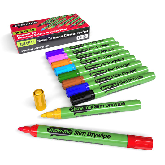 Show-me Assorted Colours Slim Barrel Drywipe Pens, Medium Tip